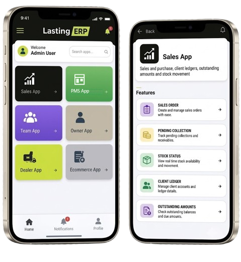 The LastingERP app launcher and the Sales App screen, shown on two phones